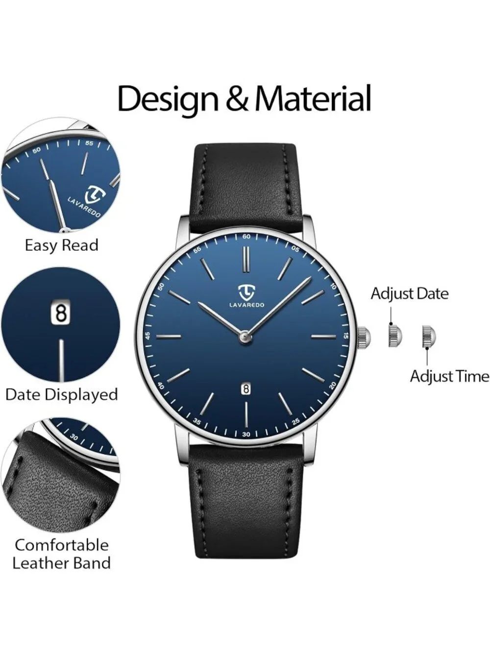 Men's Blue Dial Black Leather Strap Analog Minimalist Fashion Simple Wrist Watch